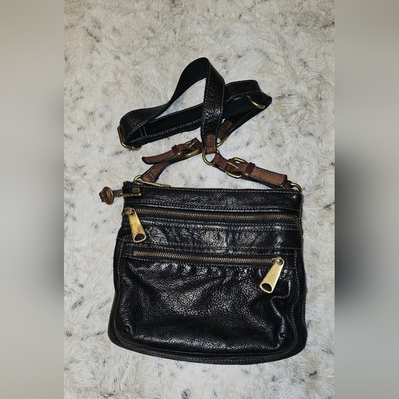 Vintage Fossil Black Pebbled Leather Explorer Triple Zip Black Crossbody Bag - Picture 6 of 13